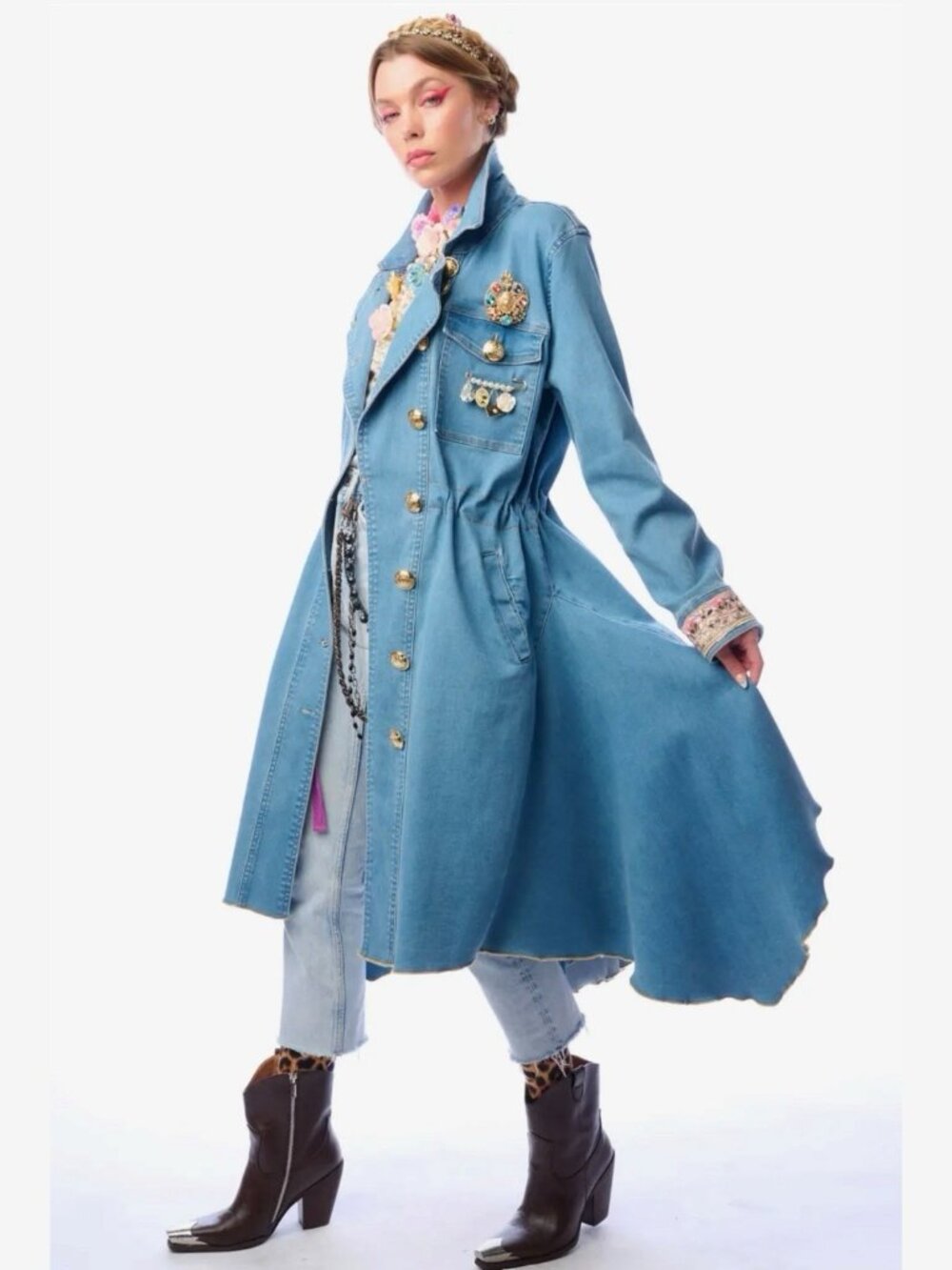 Aratta Monte Carlo Denim Hi-Low Long Coat Blue Decorative Brooch Size S M L - Picture 14 of 15